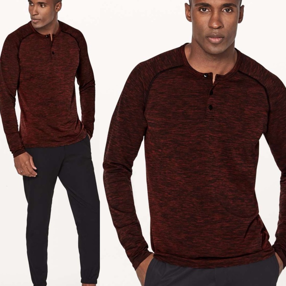 Lululemon Vent Tech Long Sleeve Henley Shirt Mens Size Large Oxblood Red Black L